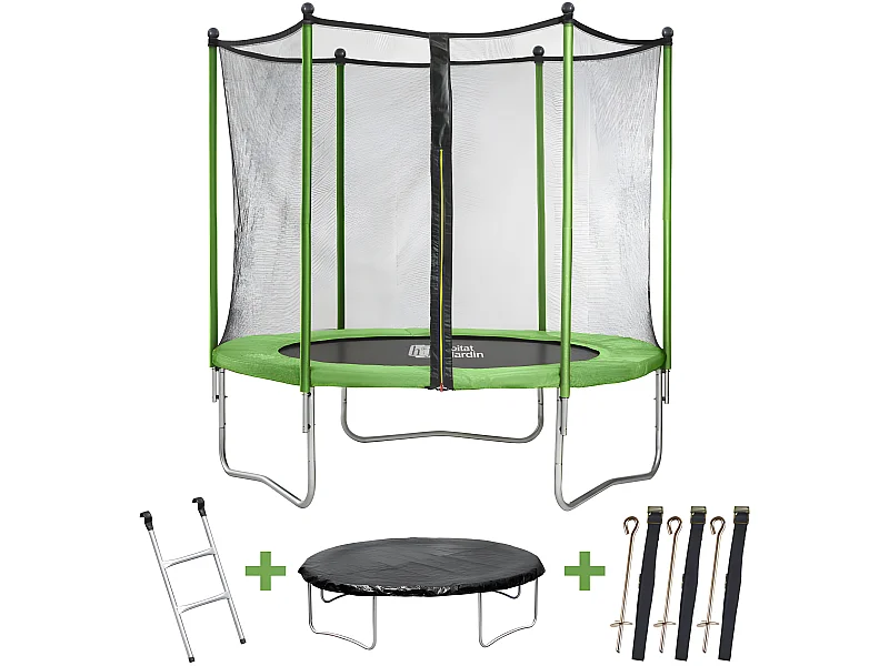 Trampoline "Yoopi" - Ø 2.44 m - Avec filet + échelle + couverture + kit d'ancrage