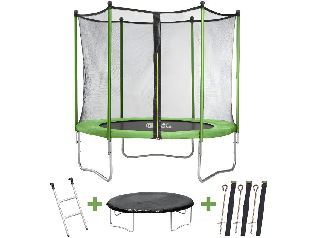 Trampoline "Yoopi 2" - Ø 1.80 m - avec filet + échelle + couverture + kit d'ancrage