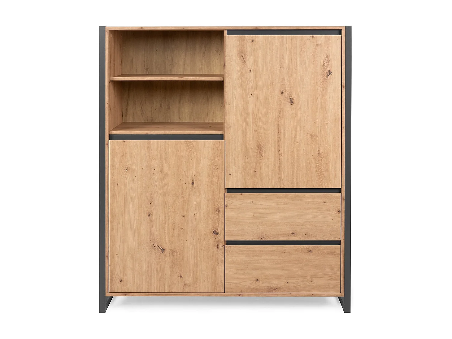 Credenza alta a 2 ante e 3 cassetti L120 cm - Decorazione legno chiaro