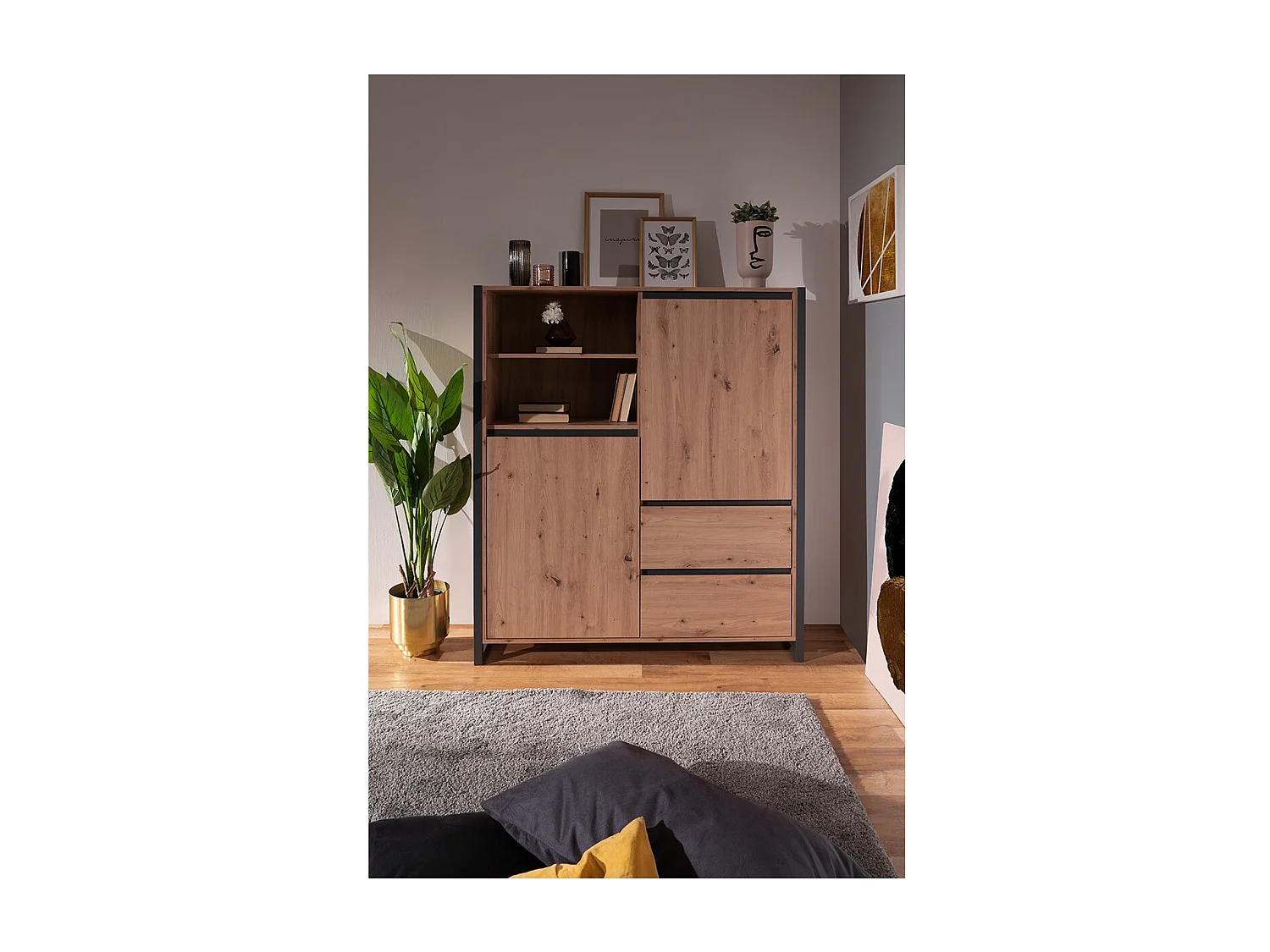 Credenza alta a 2 ante e 3 cassetti L120 cm - Decorazione legno chiaro