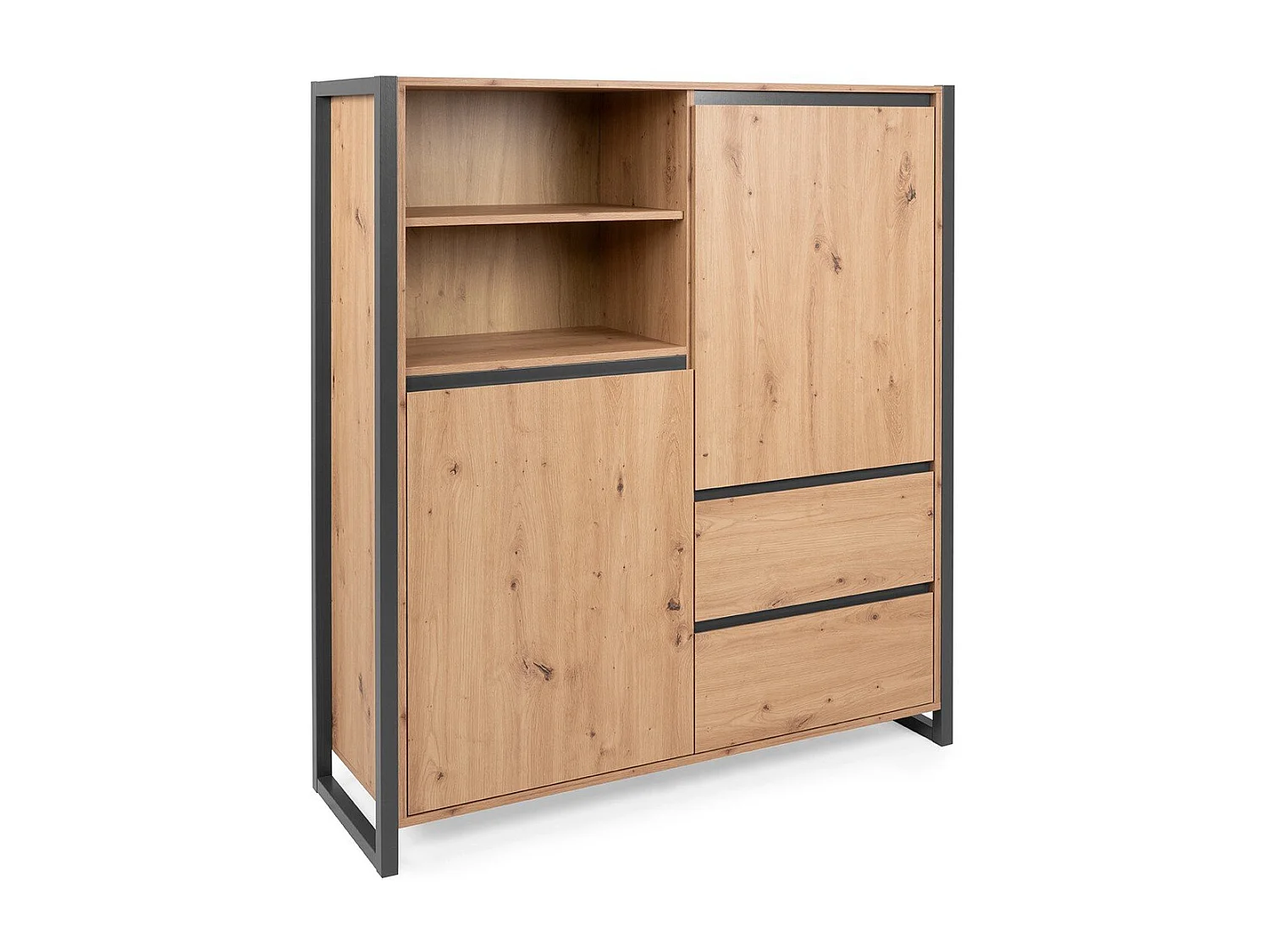 Credenza alta a 2 ante e 3 cassetti L120 cm - Decorazione legno chiaro