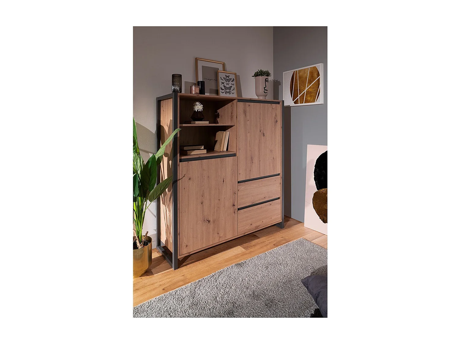 Credenza alta a 2 ante e 3 cassetti L120 cm - Decorazione legno chiaro
