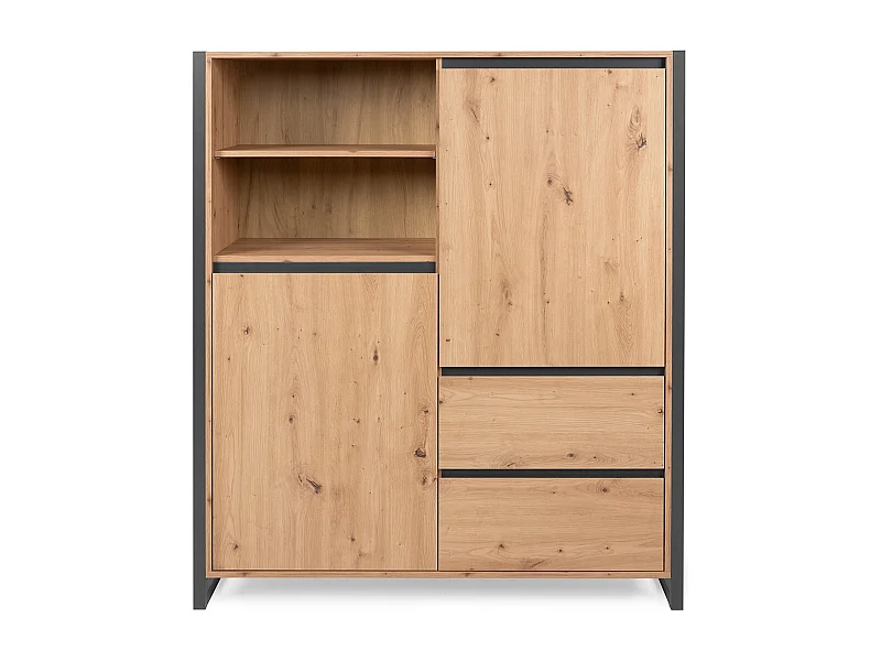 Credenza alta a 2 ante e 3 cassetti L120 cm - Decorazione legno chiaro