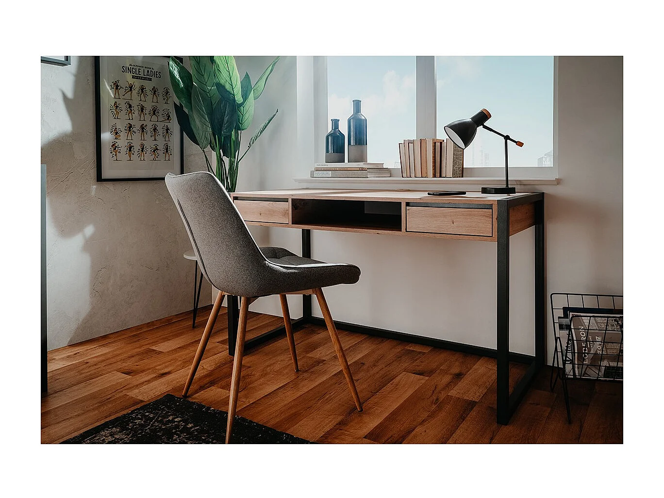 Scrivania a muro industriale a 2 cassetti L120 cm - Decorazione legno chiaro