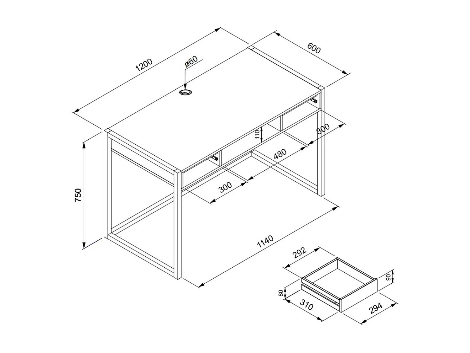Scrivania a muro industriale a 2 cassetti L120 cm - Decorazione legno chiaro