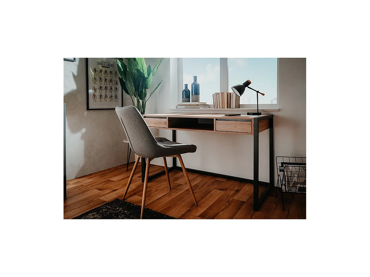 Scrivania a muro industriale a 2 cassetti L120 cm - Decorazione legno chiaro