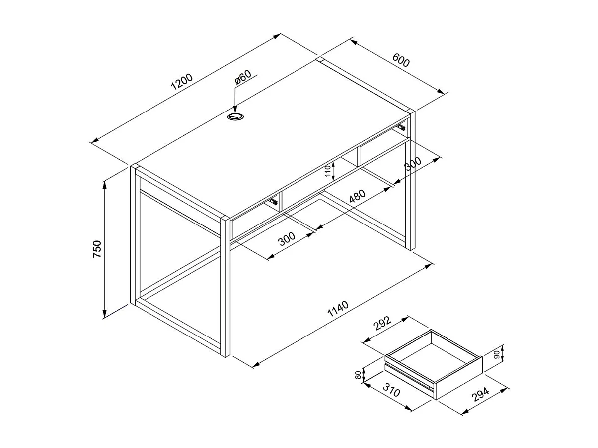 Scrivania a muro industriale a 2 cassetti L120 cm - Decorazione legno chiaro