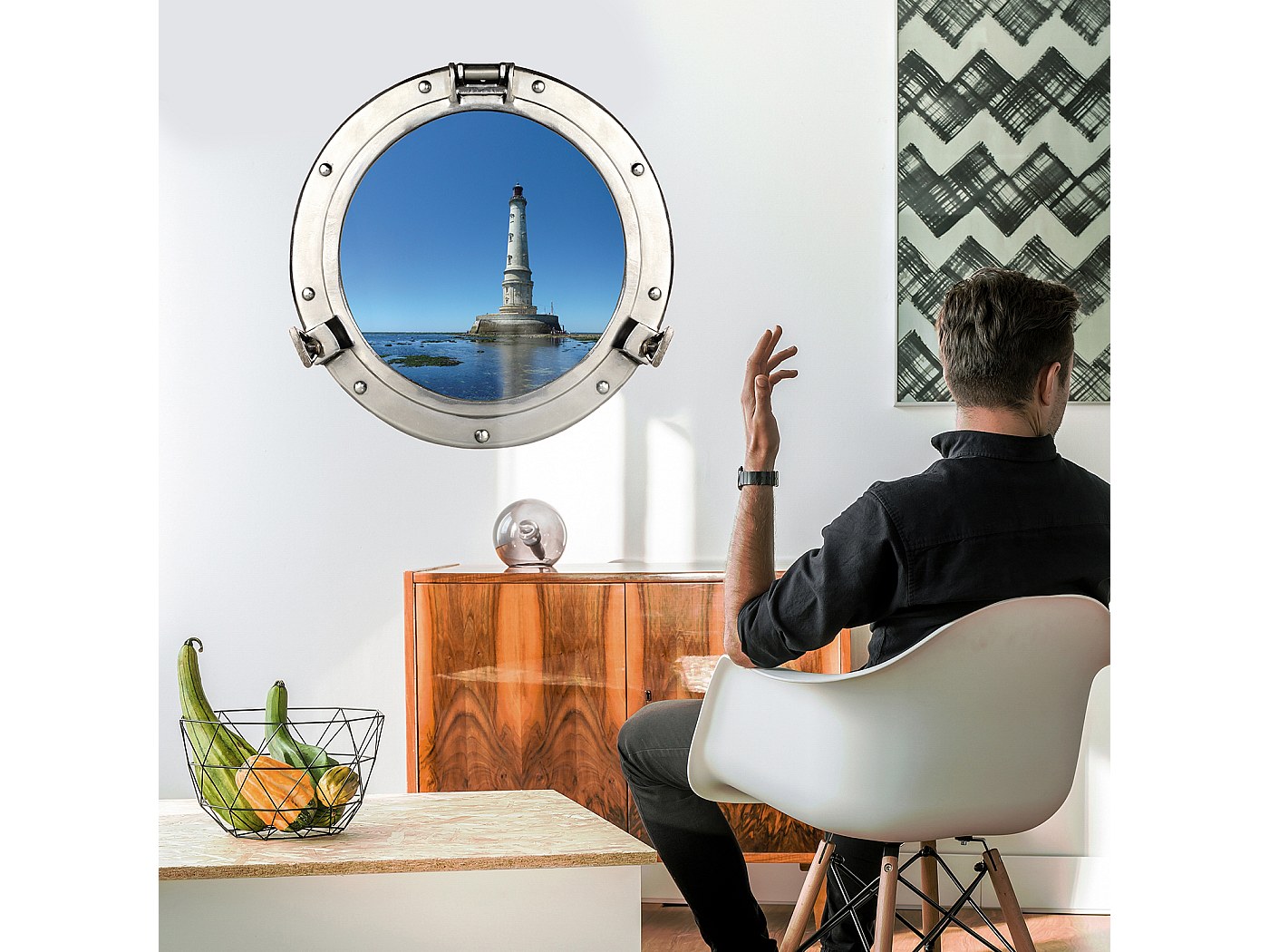 Sticker décoratif fenêtre en trompe l'oeil effet 3D, vue sur magnifique phare, 60 cm X 75 cm