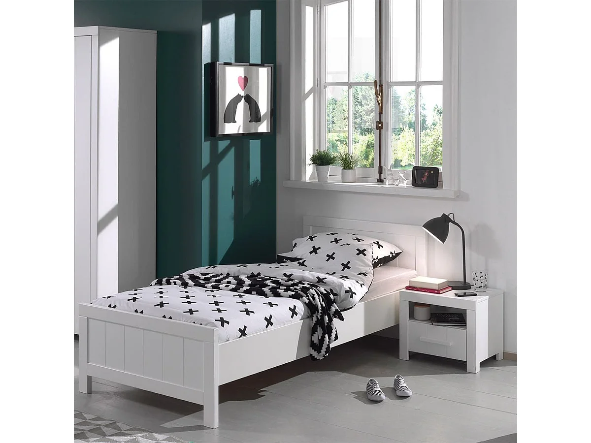 GASTON - Lit 90x200cm Laqué Blanc avec Sommier