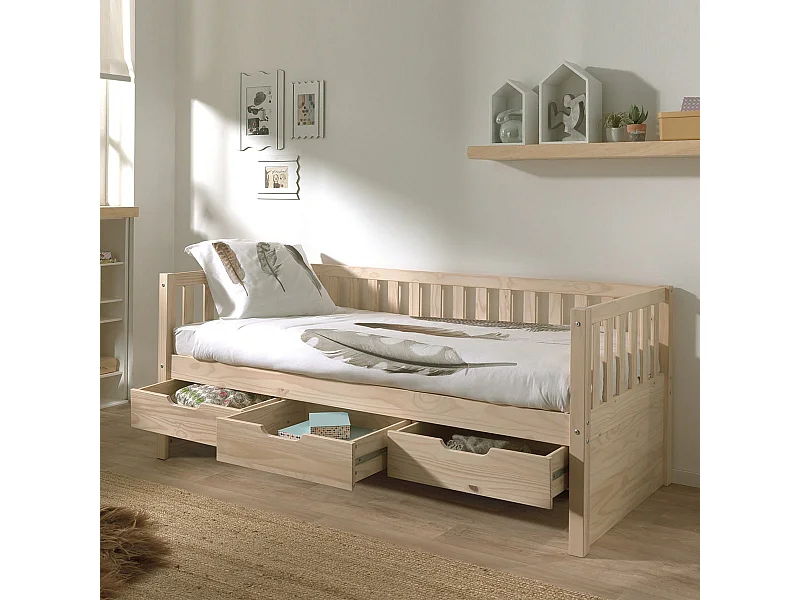 YAX - Lit Banquette 90x200cm à Tiroirs en Pin Naturel