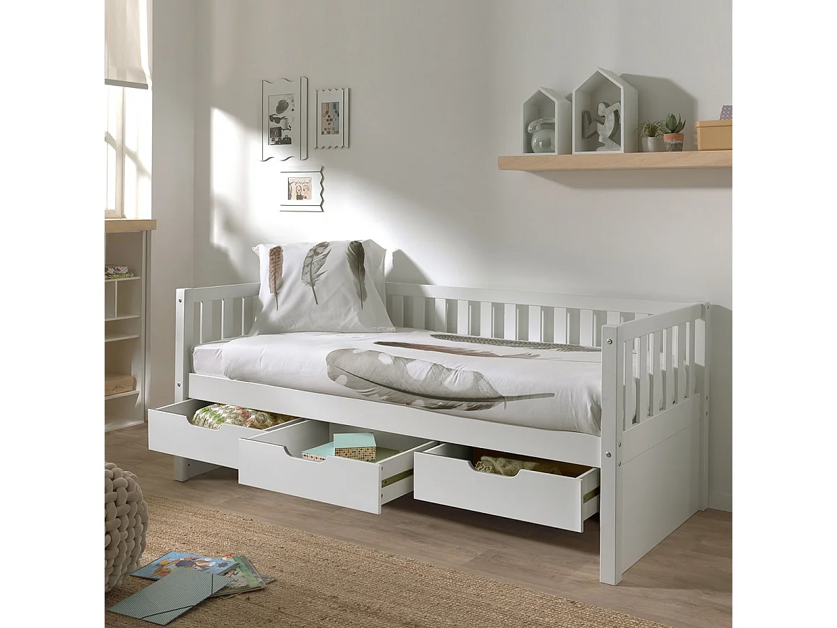 YAX - Lit Banquette 90x200cm à Tiroirs en Pin Laqué Blanc