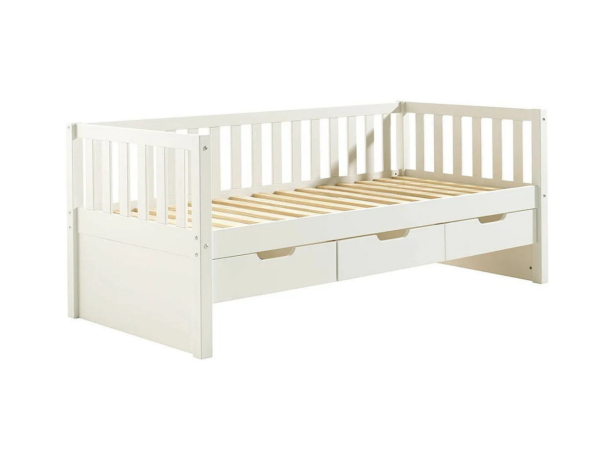 YAX - Lit Banquette 90x200cm à Tiroirs en Pin Laqué Blanc