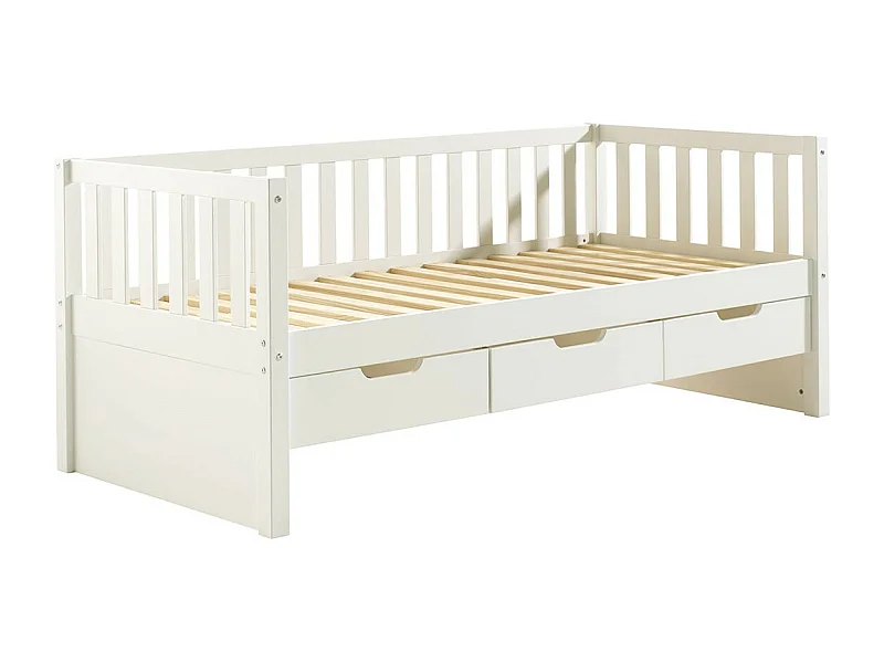 YAX - Lit Banquette 90x200cm à Tiroirs en Pin Laqué Blanc