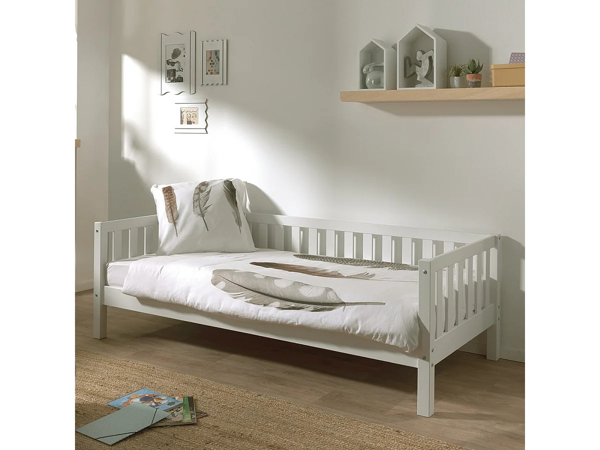 YAX - Lit Banquette 90x200cm en Pin Laqué Blanc