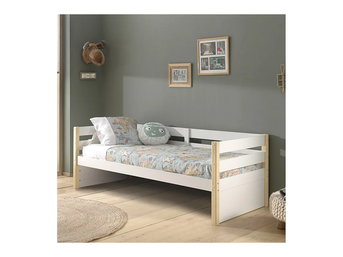 OLAF - Lit Banquette 90x200cm Blanc et Bois