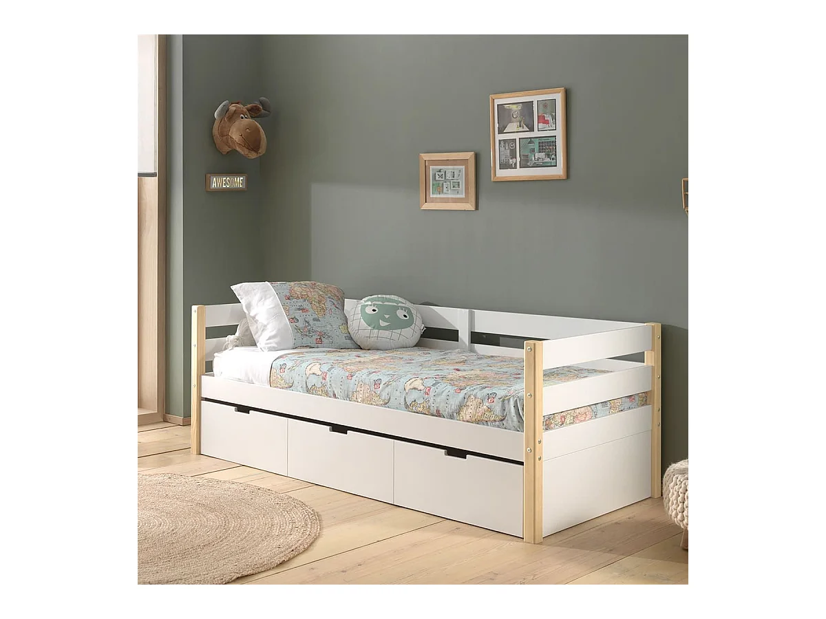 OLAF - Lit Banquette 90x200cm Blanc et Bois