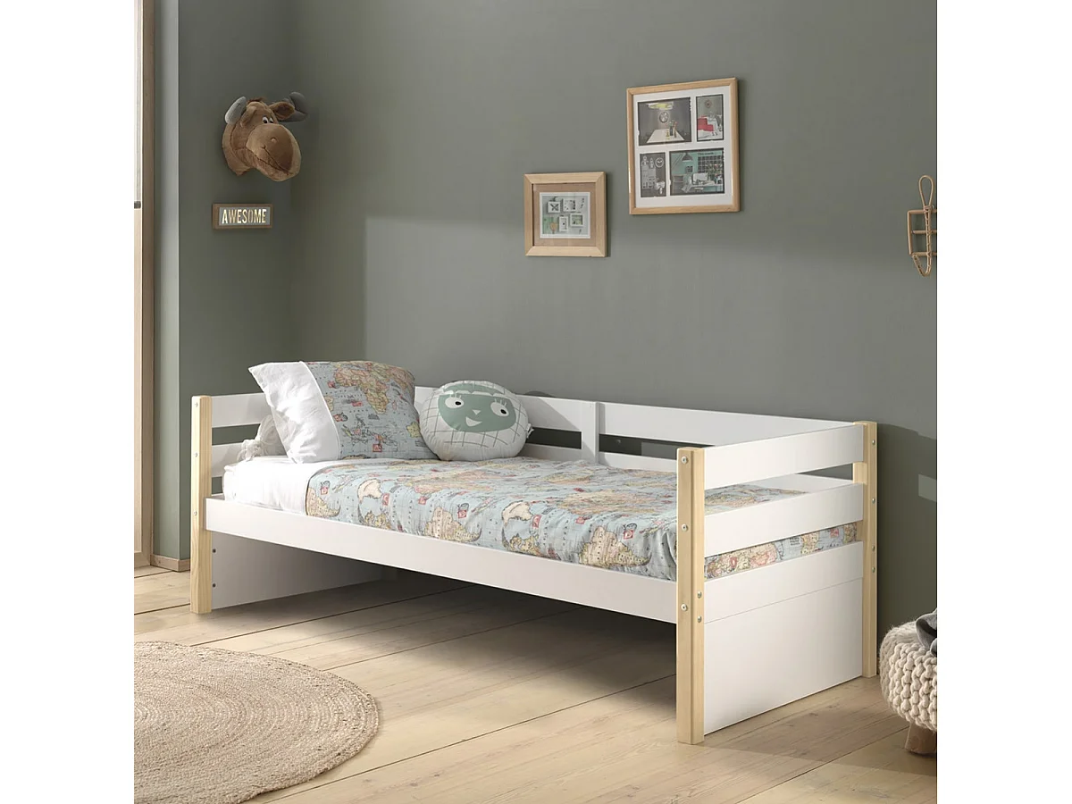 OLAF - Lit Banquette 90x200cm Blanc et Bois