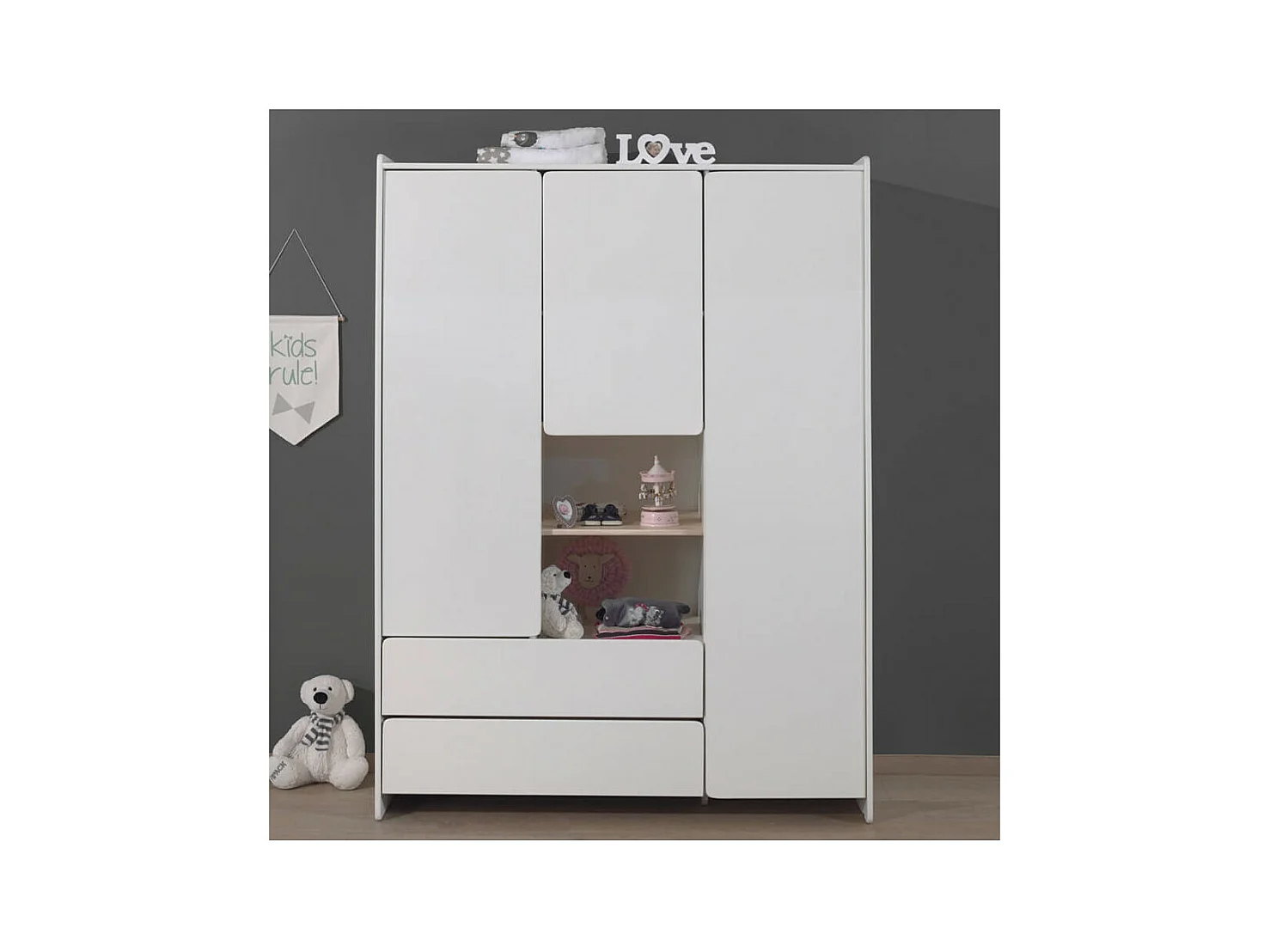 BODHI WHITE - Armoire 3 Portes 2 Tiroirs Blanche et Bois