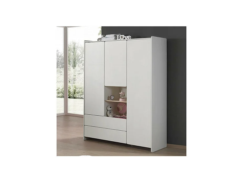 BODHI WHITE - Armoire 3 Portes 2 Tiroirs Blanche et Bois