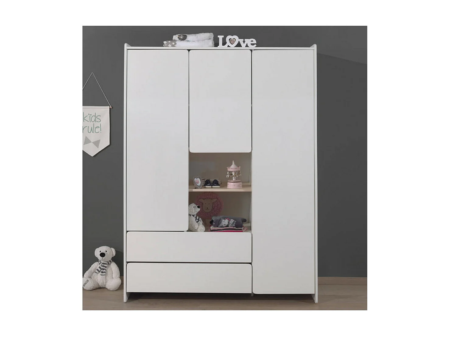 BODHI WHITE - Armoire 3 Portes 2 Tiroirs Blanche et Bois
