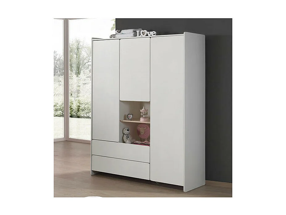 BODHI WHITE - Armoire 3 Portes 2 Tiroirs Blanche et Bois