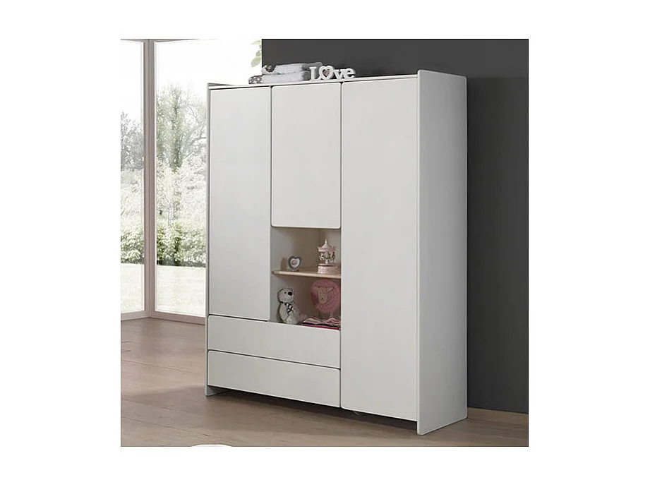 BODHI WHITE - Armoire 3 Portes 2 Tiroirs Blanche et Bois