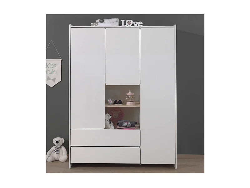 BODHI WHITE - Armoire 3 Portes 2 Tiroirs Blanche et Bois