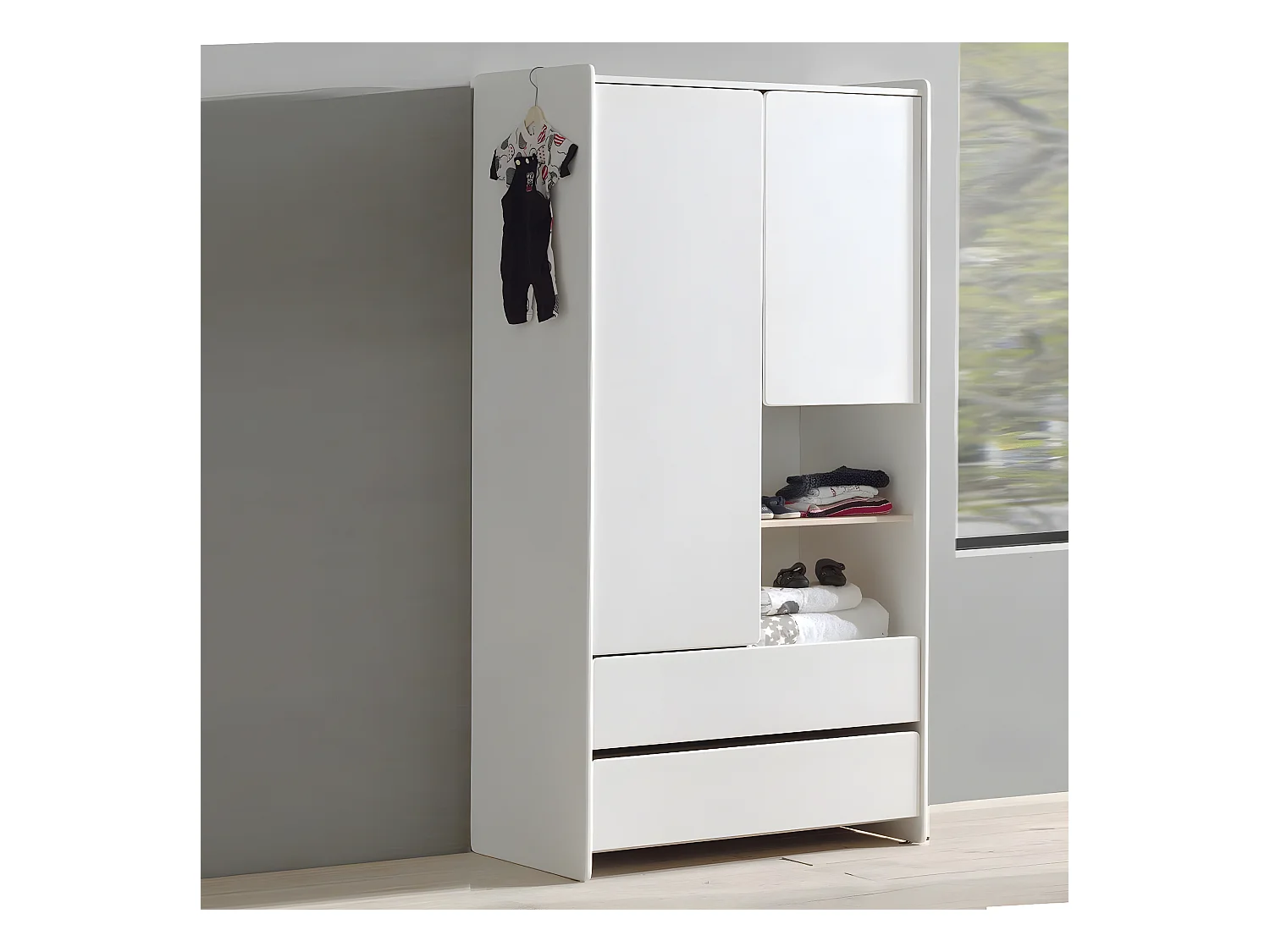 BODHI WHITE - Armoire 2 Portes 2 Tiroirs Blanche et Bois