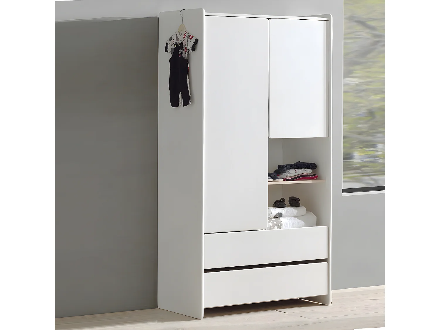 BODHI WHITE - Armoire 2 Portes 2 Tiroirs Blanche et Bois