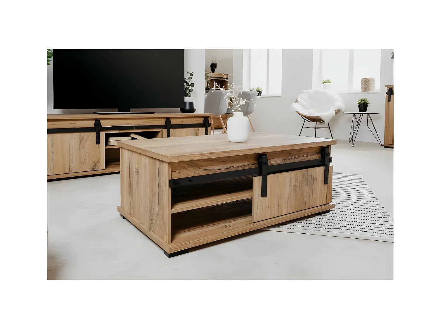 Table Basse avec Porte Coulissante L100 cm - MANZANO