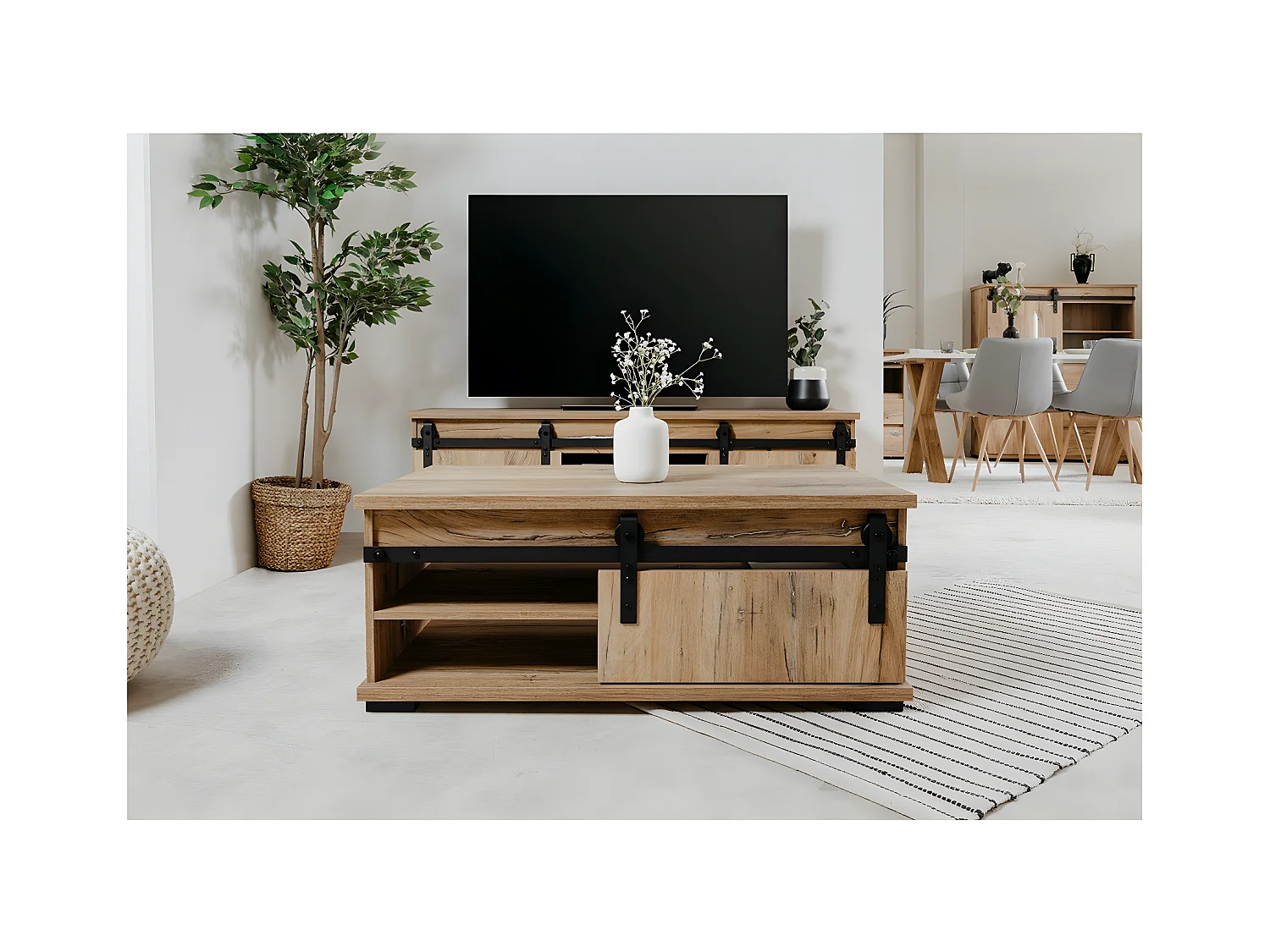 Table Basse avec Porte Coulissante L100 cm - MANZANO