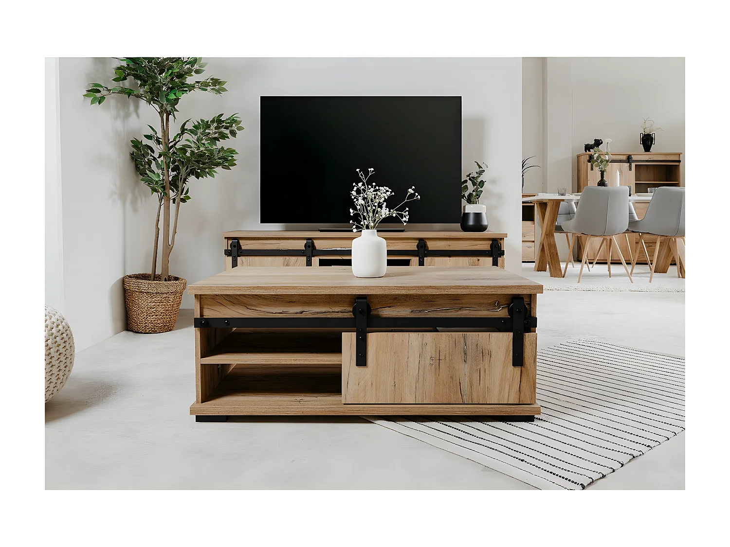 Tavolino basso con anta scorrevole L100 cm - Decorazione legno chiaro