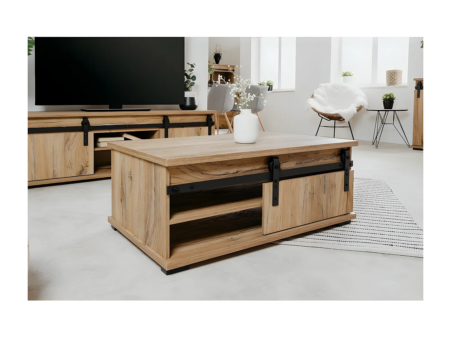 Tavolino basso con anta scorrevole L100 cm - Decorazione legno chiaro