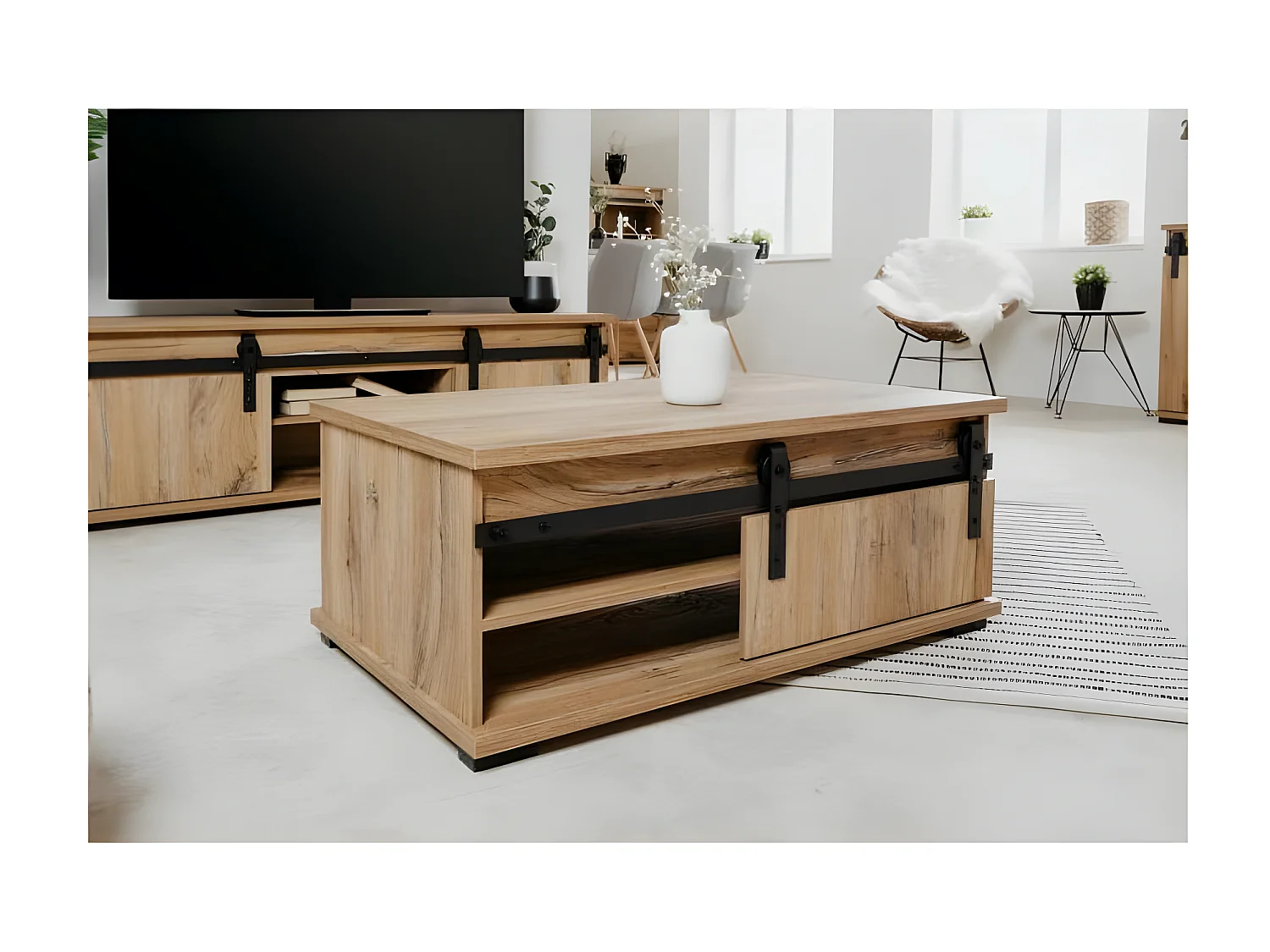 Tavolino basso con anta scorrevole L100 cm - Decorazione legno chiaro