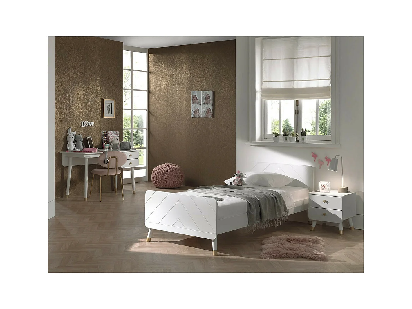 TINY WHITE - Lit 90x200cm + Chevet 2 Tiroirs + Bureau