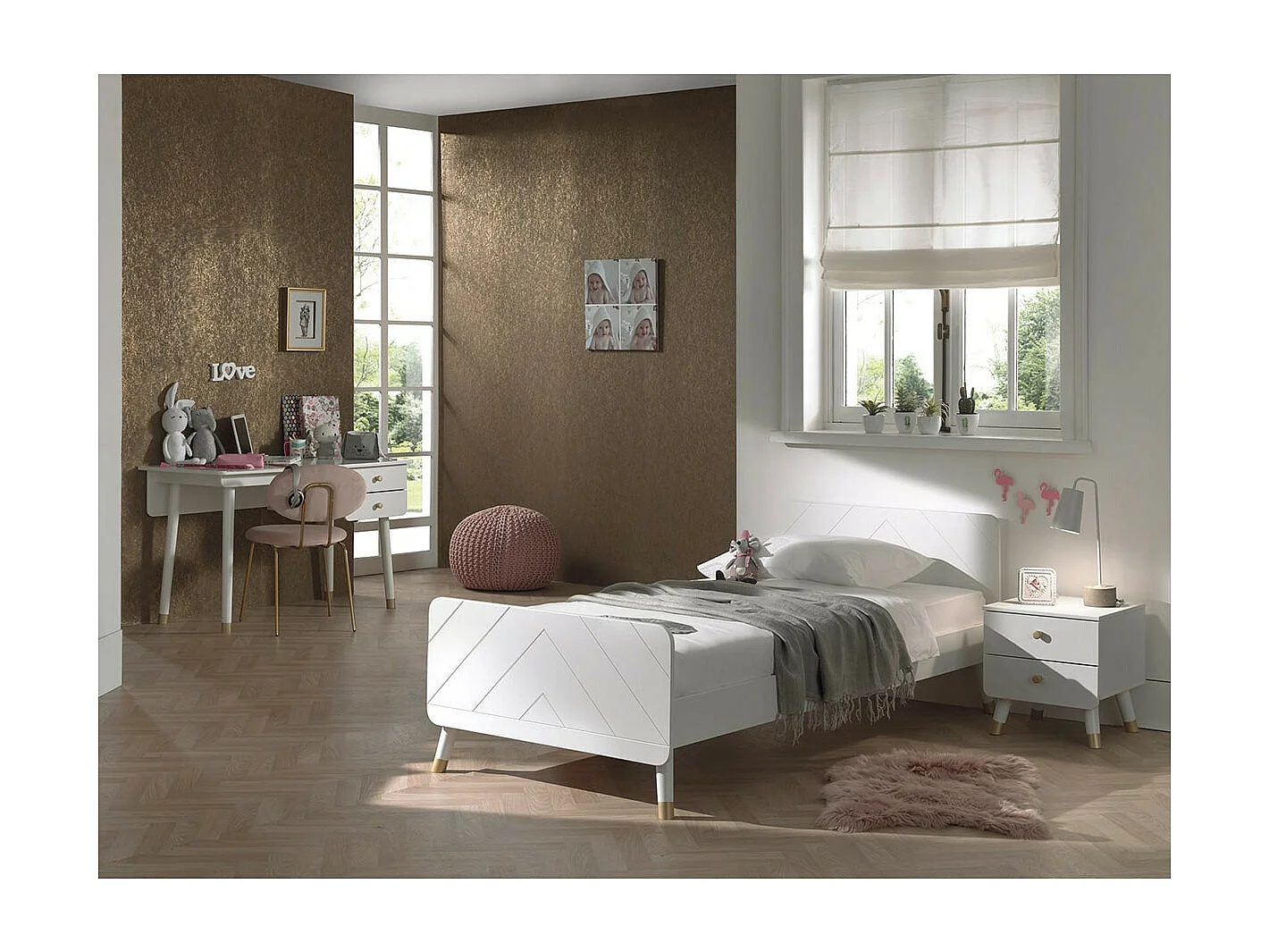 TINY WHITE - Lit 90x200cm + Chevet 2 Tiroirs + Bureau