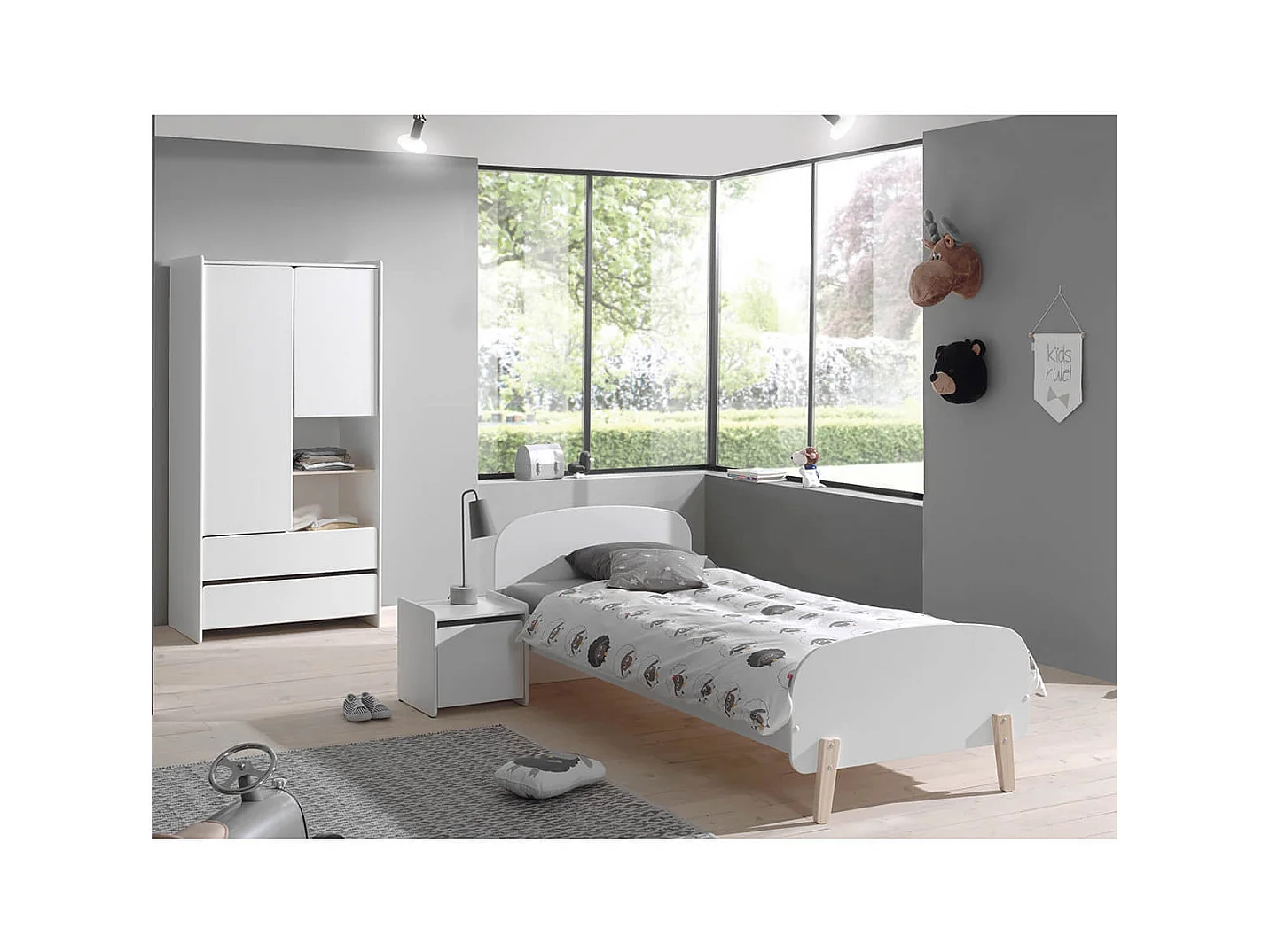 BODHI WHITE - Lit 90x200cm + Chevet + Armoire 2 Portes