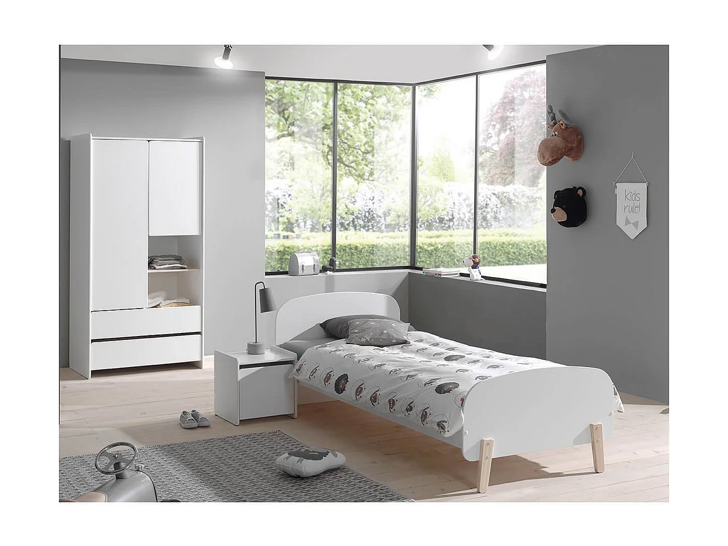 BODHI WHITE - Lit 90x200cm + Chevet + Armoire 2 Portes