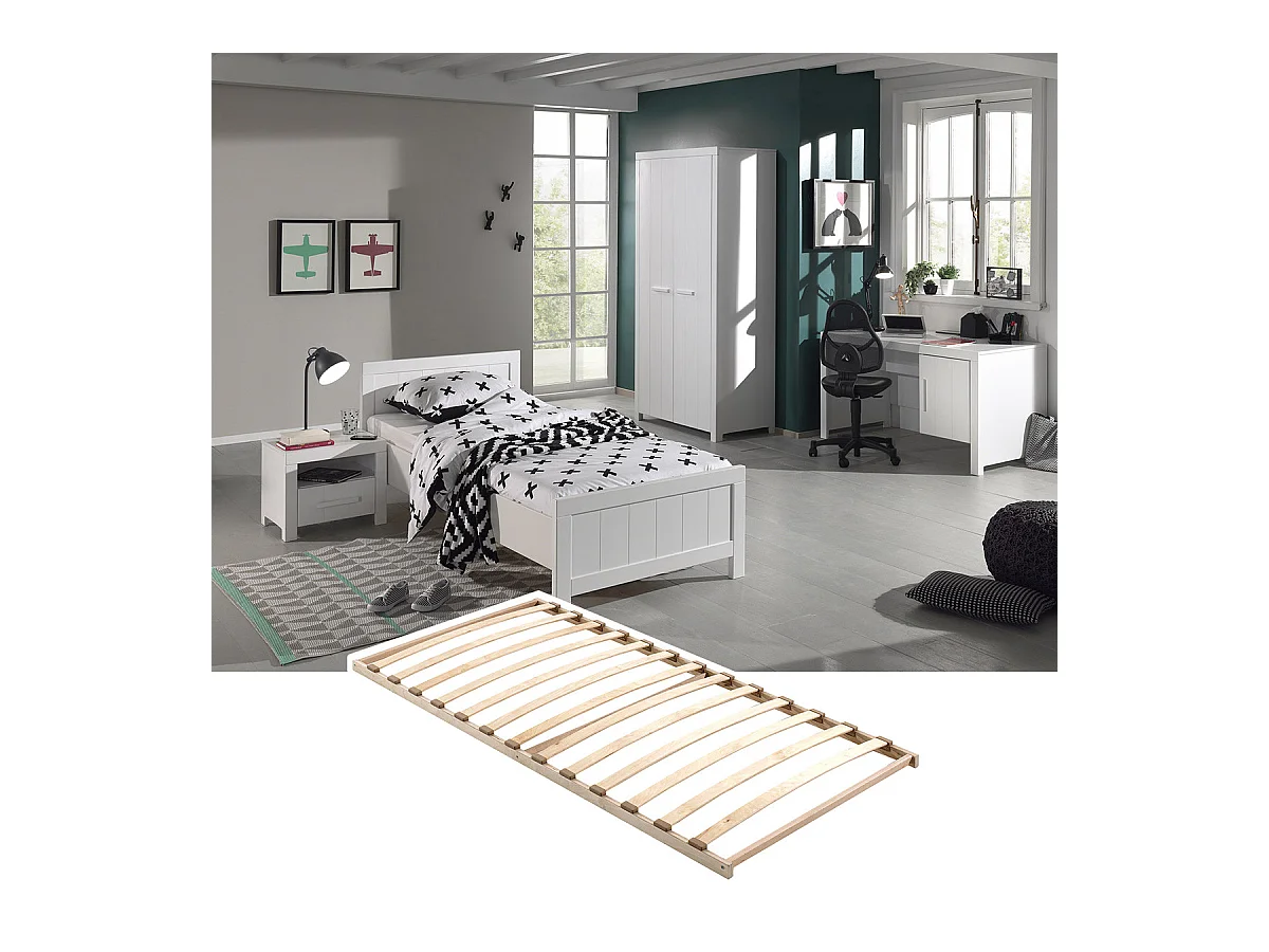 GASTON - Lit 90x200cm + Sommier + Chevet + Armoire 2P + Bureau