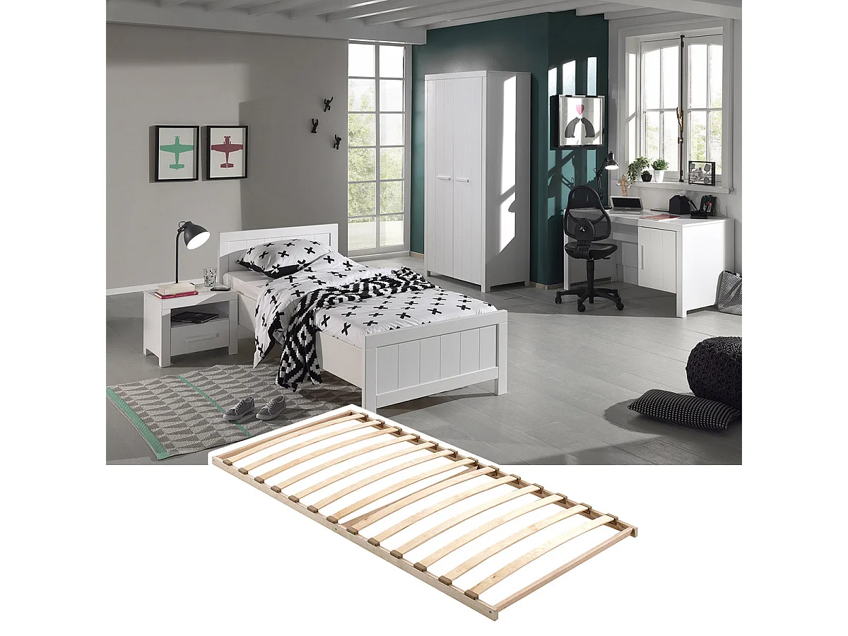 GASTON - Lit 90x200cm + Sommier + Chevet + Armoire 2P + Bureau