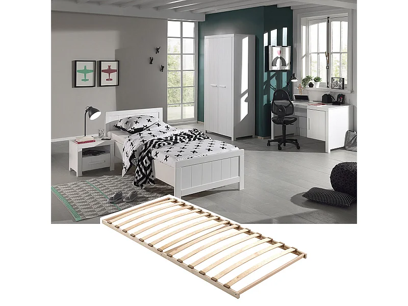 GASTON - Lit 90x200cm + Sommier + Chevet + Armoire 2P + Bureau