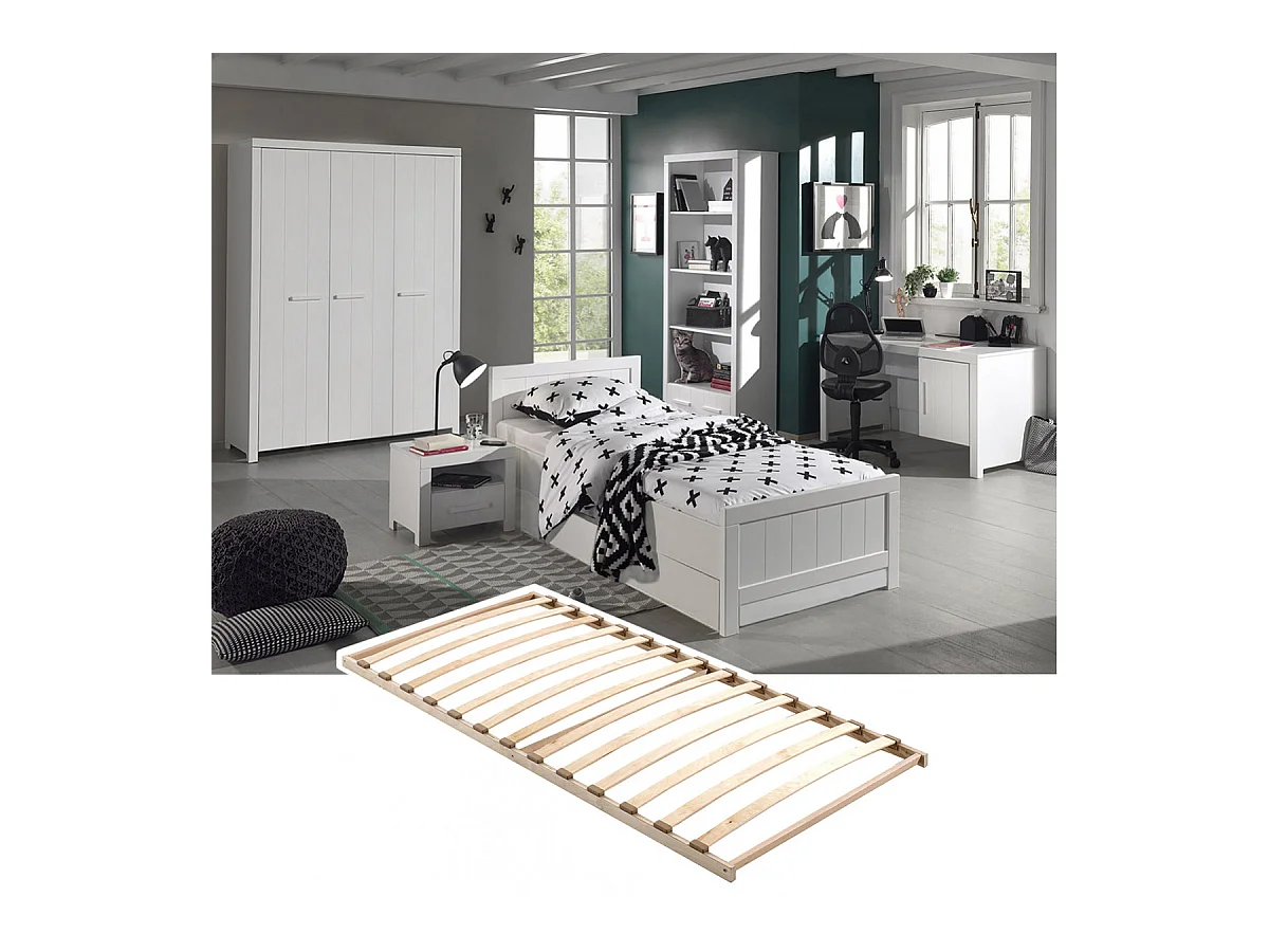 GASTON - Chambre 90x200cm + Sommier + Armoire 3P + Bureau