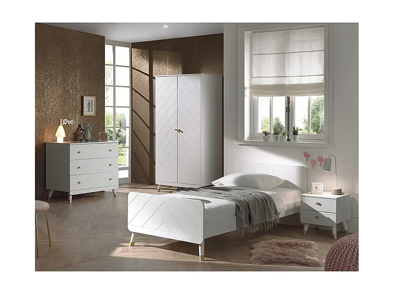 TINY WHITE - Chambre Complète 90x200cm + Armoire 2 Portes