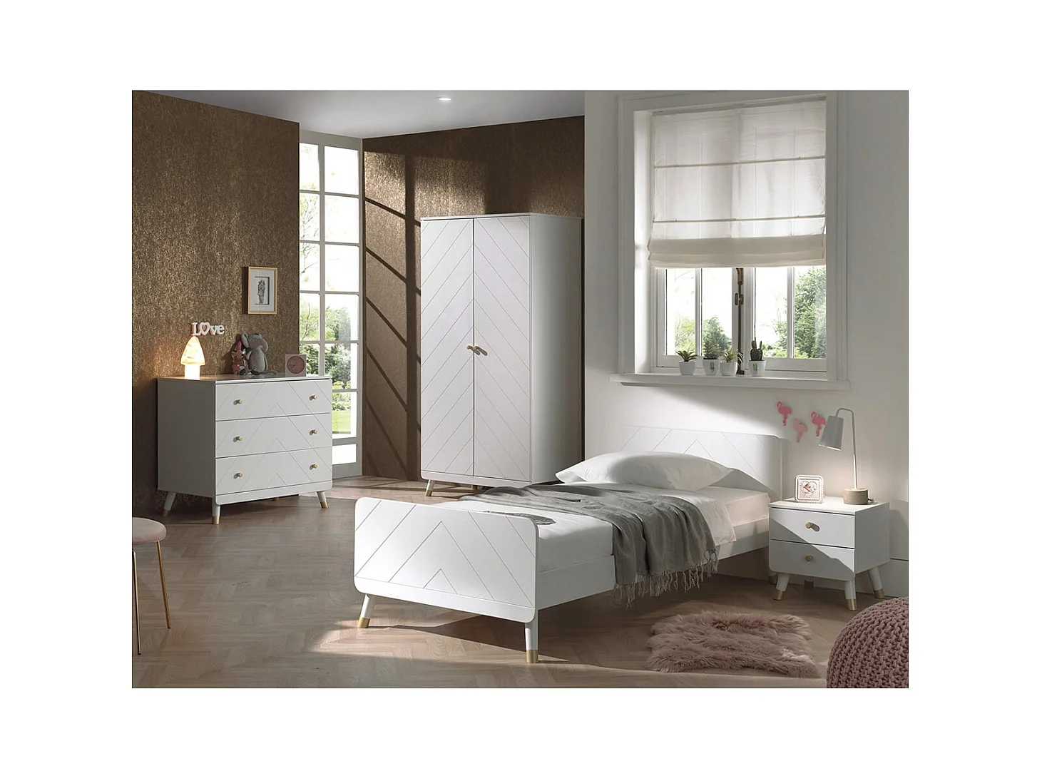 TINY WHITE - Chambre Complète 90x200cm + Armoire 2 Portes