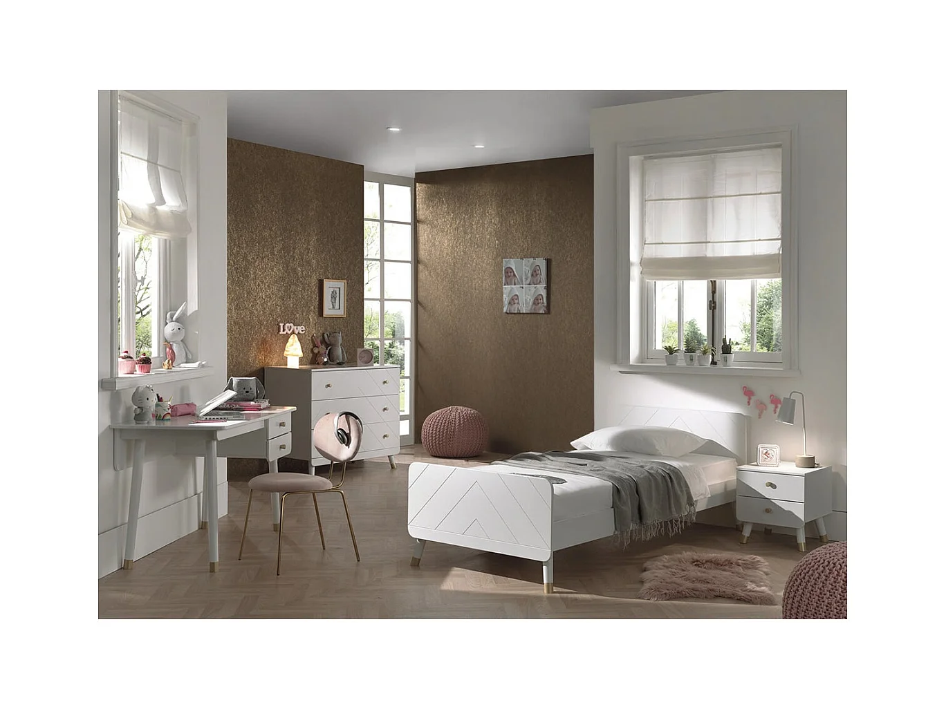 TINY WHITE - Chambre Complète 90x200cm + Bureau