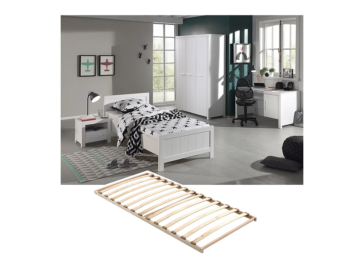 GASTON - Lit 90x200cm + Sommier + Chevet + Armoire 3P + Bureau