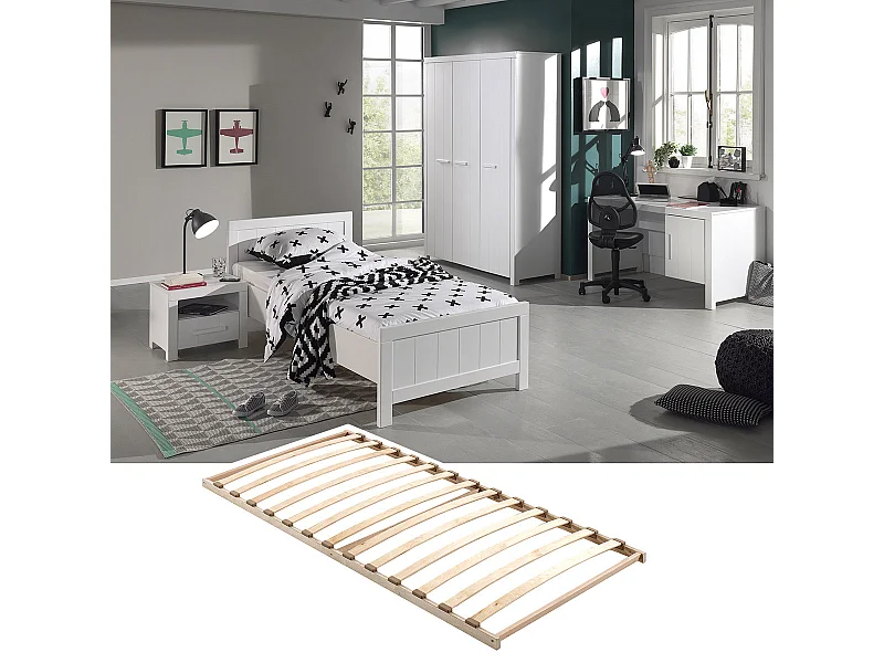 GASTON - Lit 90x200cm + Sommier + Chevet + Armoire 3P + Bureau