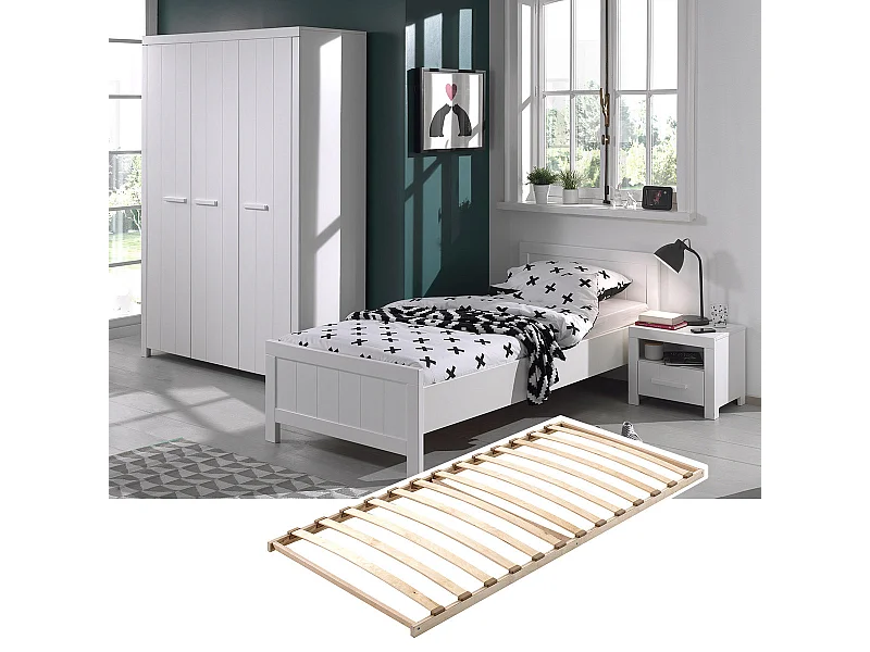 GASTON - Lit 90x200cm + Sommier + Chevet + Armoire 3P