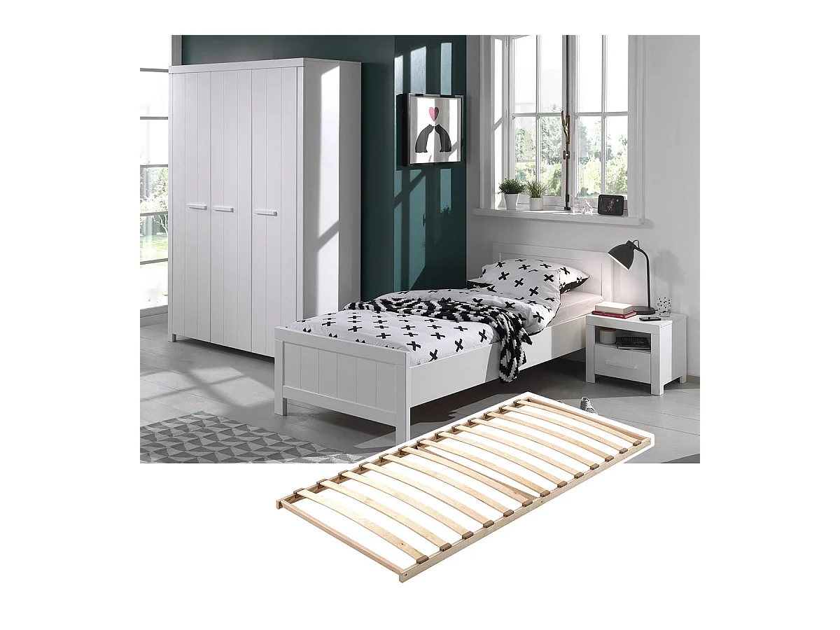 GASTON - Lit 90x200cm + Sommier + Chevet + Armoire 3P