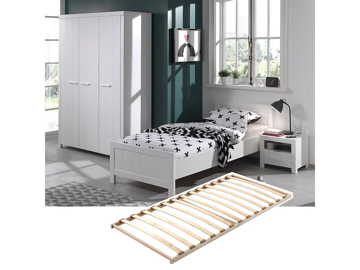 GASTON - Lit 90x200cm + Sommier + Chevet + Armoire 3P